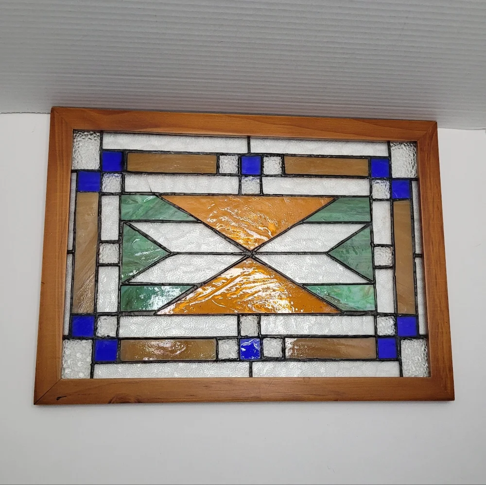 Geometric Stained Glass Panel In Wood Frame Vintage Window or Wall Decor RARE